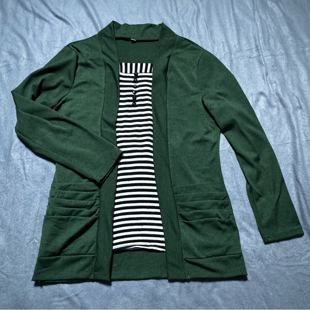 Women’s Green Cardigan With Black And White Striped Layered Faux Shirt